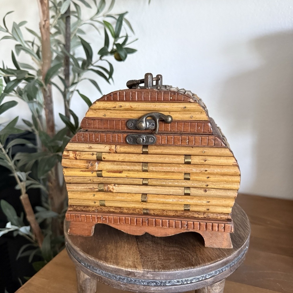Vintage Bamboo Rattan Wooden Treasure Chest Trinket Box Hinged w/ Metal Latch 6"